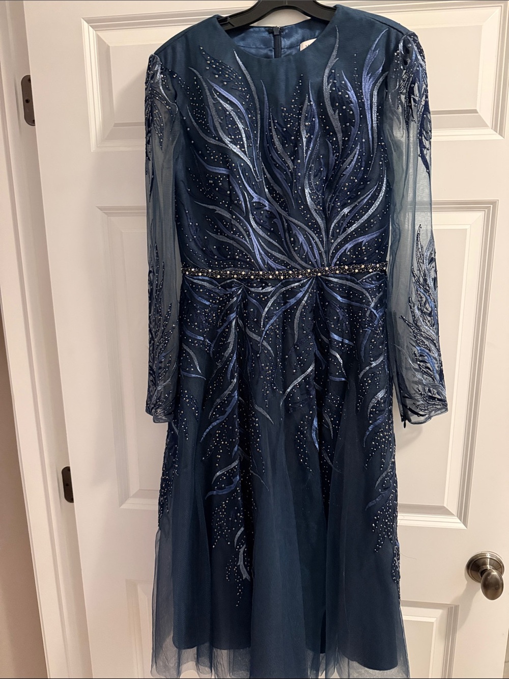 Mac Duggal Navy Beaded Tulle Midi Dress - Picture 3 of 7